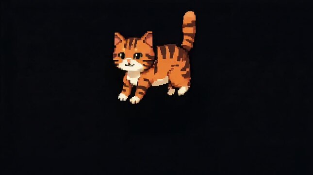 Cute Orange Tabby Cat Pixel Art Isolated on Black Background