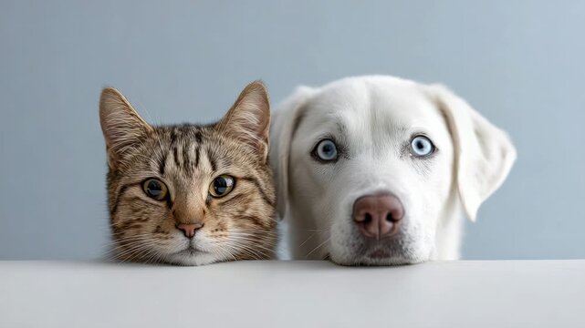 Adorable tabby cat and a beautiful white dog with blue eyes sitting together, looking over a white surface with curiosity and friendship, representing a perfect example of animal companionship