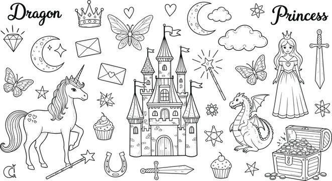 Whimsical Fairytale Doodle Set Featuring Royal Castle Princess Dragon and Unicorn