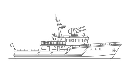 Warship Silhouette: A stark black and white depiction of a warship, showcasing its powerful design, complex structure, and military prowess. © AJM