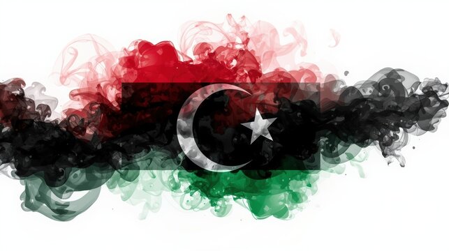 Abstract watercolor painting of the libyan flag with a crescent and star.