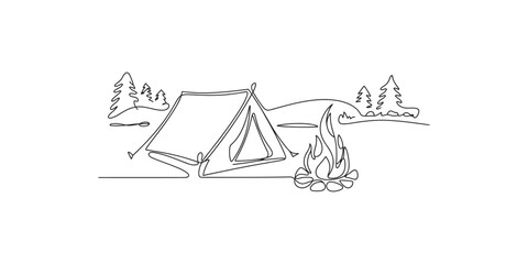 Minimalist line art illustration of a cozy campsite with a tent and a campfire in the forest © Line Art
