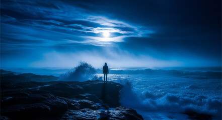 Lone figure stands on rocky shore watching ocean waves under moonlight. © Kurdi