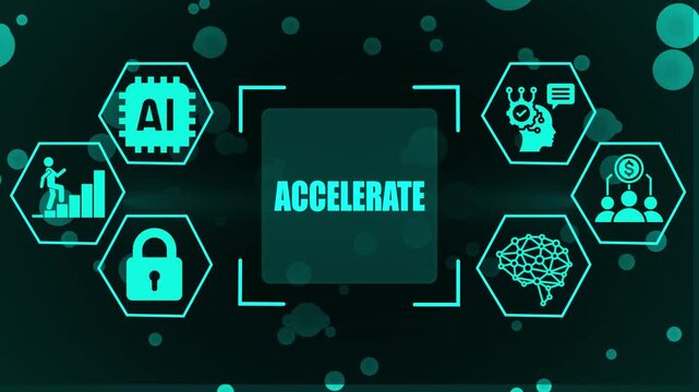 Teal digital accelerate concept with AI brain security growth and finance on dark abstract background with bokeh effects