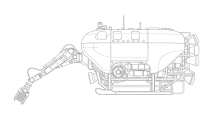 Obraz premium Underwater Exploration Device: A detailed line drawing showcases the intricate design of an underwater exploration device, poised for venturing into the unknown depths. 