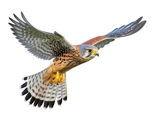 Fototapeta premium Bird of prey soars, wings spread wide, showing orange chest, speckled back against a clean, white background