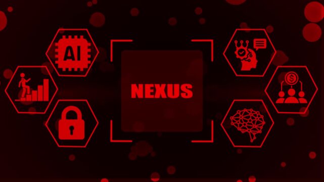 Red digital nexus concept with AI brain security growth and finance on dark abstract background with bokeh effects