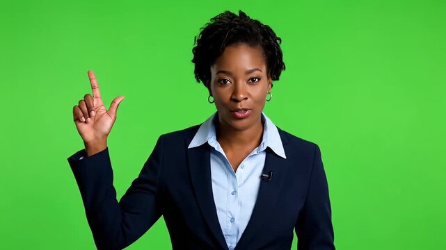 Focused businesswoman pointing up with idea against green screen background