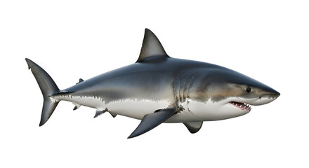 Naklejka premium Great white shark swimming with mouth open showing sharp teeth and powerful jaws in a realistic depiction of a marine predator.