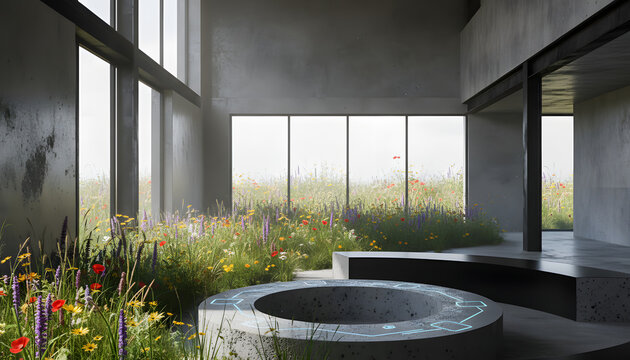 Wildflower meadow flourishing inside a minimalist concrete sanctuary with large windows showing a tranquil view