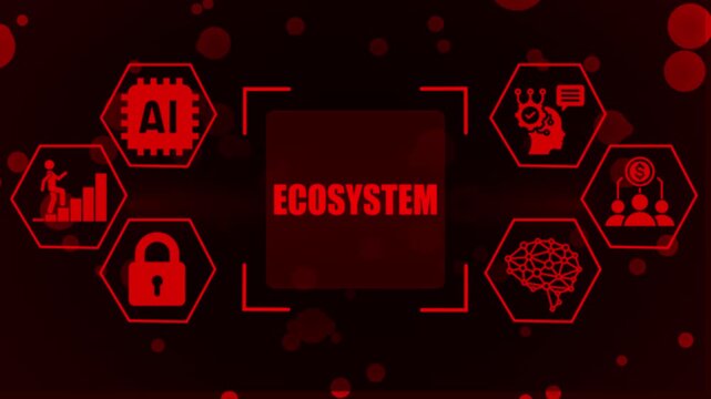 Centralized digital ecosystem concept with interconnected hexagonal representing AI machine learning security growth finance and brain network on a dark red