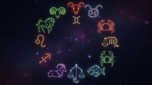Colorful zodiac signs arranged in a circular pattern against a starry night sky.