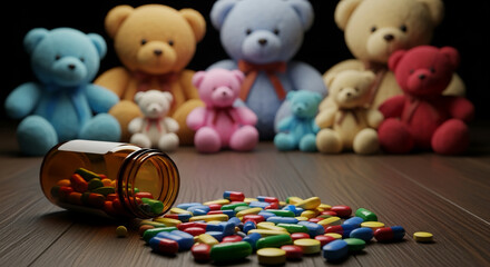 Colorful pills spilled from bottle on wooden floor with teddy bears in the background soft lighting calm atmosphere multiple toys