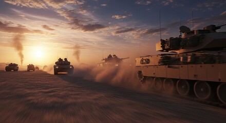 Fototapeta premium A heavy armored military tank and a green army jeep transport powerful weapons across a battlefield during a dramatic sunset in the city of London near a busy airport