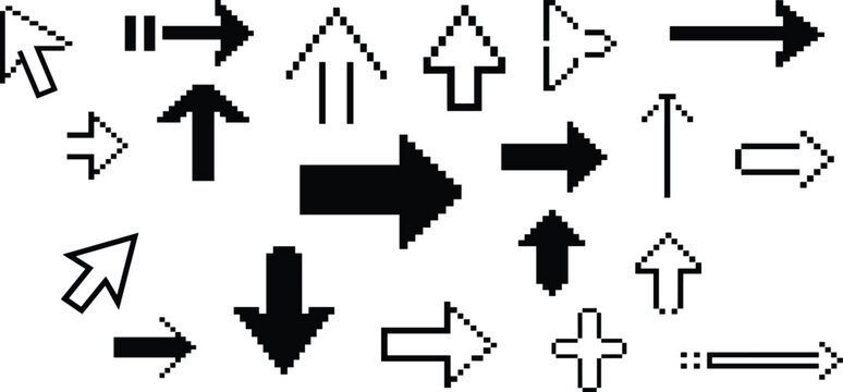Pixel Art Arrow Cursor Vector Icon Set for Retro Digital Interface Website Navigation and Menu Button Design