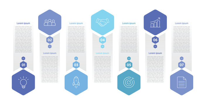 Modern vector timeline infographic with 7 sequential steps, icons, and colorful segments for business presentations, project roadmaps, or workflow diagrams.
