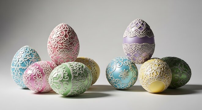 decorative easter eggs with intricate silver designs in various pastel colors