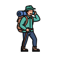 Fototapeta premium A hiker stands confidently with a walking stick, wearing a hat and backpack, ready for adventure in the great outdoors viewed from the side.