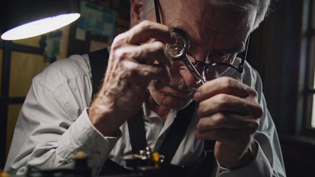 senior watchmaker inspects antique pocket watch with loupe at dimly lit bench, delicate gears and steady