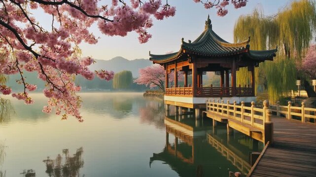 Traditional wooden pavilion with a red roof stands on stilts over a tranquil lake surrounded by blooming cherry trees and weeping willows