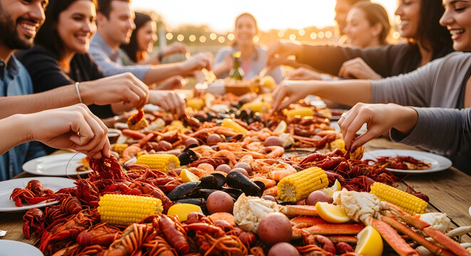 Crowded table filled with crawfish mussels corn and potatoes as friends hands reach in to enjoy a seafood dinner