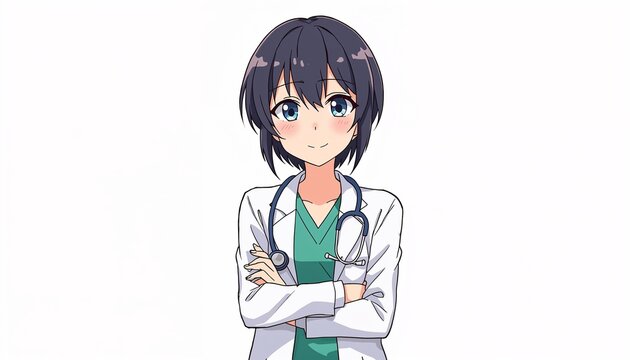 腕を組んで微笑む女性医師のアニメイラスト、白衣、医療・健康のイメージ、白背景
