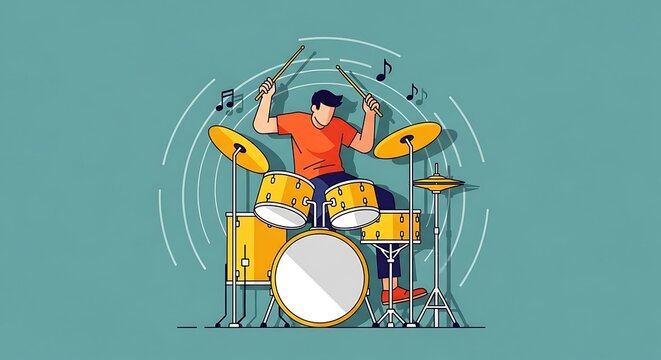 Man Playing Yellow Drum Set Music.