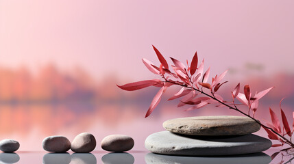 Fototapeta premium Stone product display podium stand with shadow nature leaves on pink curtain background. 3D rendering