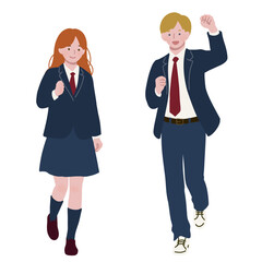High School Students with Red and Blonde Hair Wearing School Uniforms　フラットイラスト　制服姿の高校生