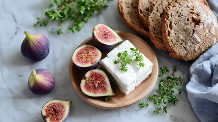 Rustic breakfast with whole grain bread, soft cheese, figs, and mint leaves on a wooden board. Healthy and delicious food arrangement.
