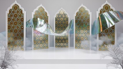 Modern Ramadan backdrop with white Islamic arches, gold geometric panels, and holographic wave element. Elegant 3D stage scene for Eid Mubarak greetings and luxury branding. © didi
