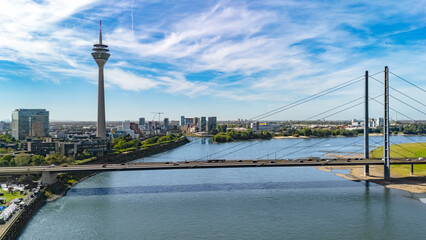 Dusseldorf city skyline aerial drone view from above, Medienhafen, bridge and river Rhine, Germany 