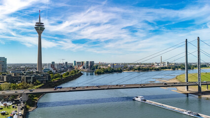 Dusseldorf city skyline aerial drone view from above, Medienhafen, bridge and river Rhine, Germany 