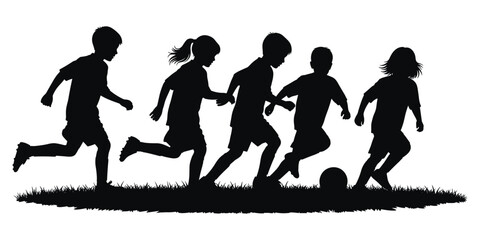 Obraz premium Flat vector illustration of children playing soccer outdoors, active silhouettes running on grassy field, teamwork, childhood recreation, sports activity