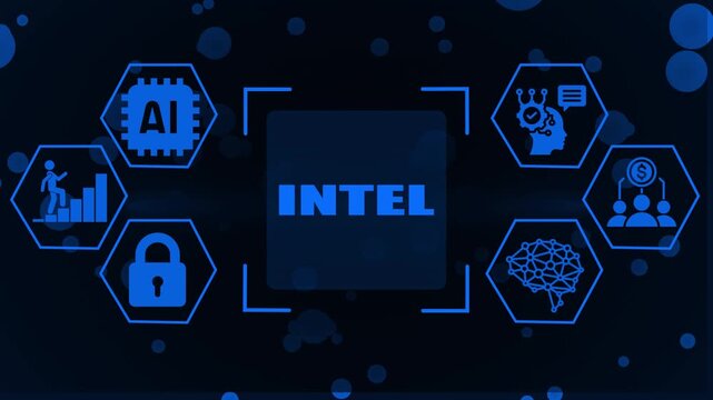 Blue digital technology concept with AI chip, brain network, secure lock, growth chart, and team collaboration surrounding central INTEL text on dark