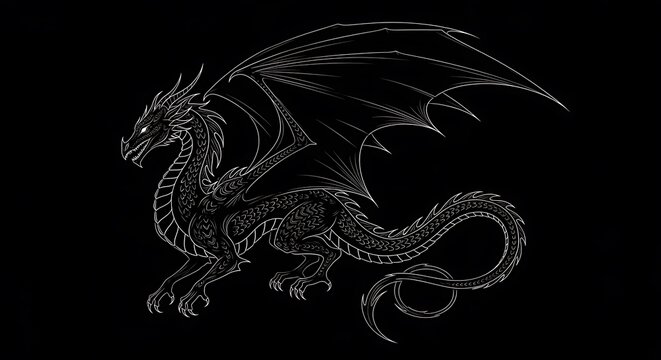 Detailed White Dragon Illustration on Black Background.