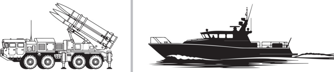 Obraz premium Black and white vector illustrations featuring a mobile surface-to-air missile launcher on a truck chassis and a sleek, high-speed patrol boat silhouette cutting through water.
