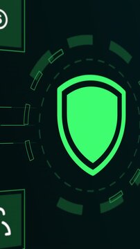 Digital dashboard featuring a glowing green security shield icon and a financial graph module for professional data protection.