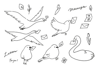 Bird Collection. Hand-drawn line art illustration. A little bird delivering a letter.