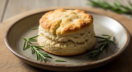 Homemade Scone on Ceramic Plate with Rosemary.