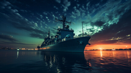 Obraz premium War concept. Night battle scene at sea. Silhouette of the battle ship in night.