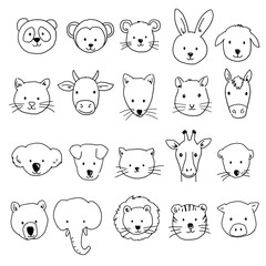 Hand Drawn Cute Animal Faces Line Art Set