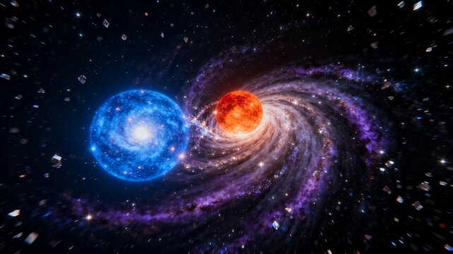 Cosmic galaxy collision with blue and red energy spheres swirling in deep space