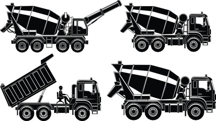 Black Vector Silhouettes of Concrete Mixer Trucks and Dump Truck for Construction Industry Design Projects Isolated on White Background Graphics © Mou
