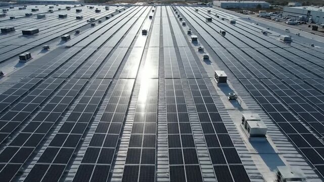 Drone view of solar panels on large rooftop