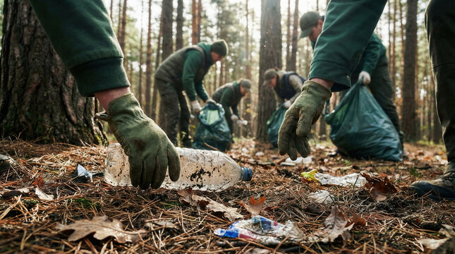 Recycling plastic bottle bin forest volunteer clean up teamwork environmental care