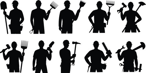 Construction and gardening workers silhouette set, professional laborers holding shovel rake hammer tools, black vector illustration isolated on white background © Vector's World