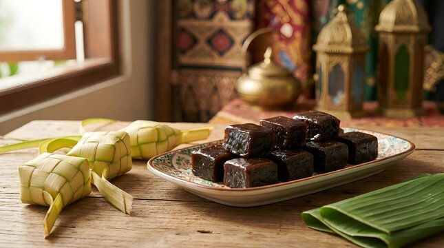 Traditional Dodol Sweet Dessert on Wooden Table Eid Food Concept