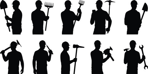 Construction and gardening worker silhouettes collection, professional laborers holding shovel rake hammer wrench tools, black vector illustration isolated on white background © Vector's World
