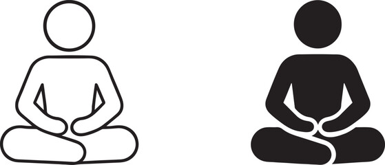 Yoga meditation black silhouette and outline icon isolated on white background.